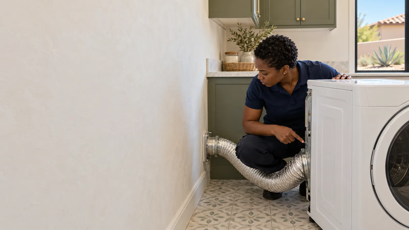 Technician pulling a dryer away from the wall to inspect the vent duct