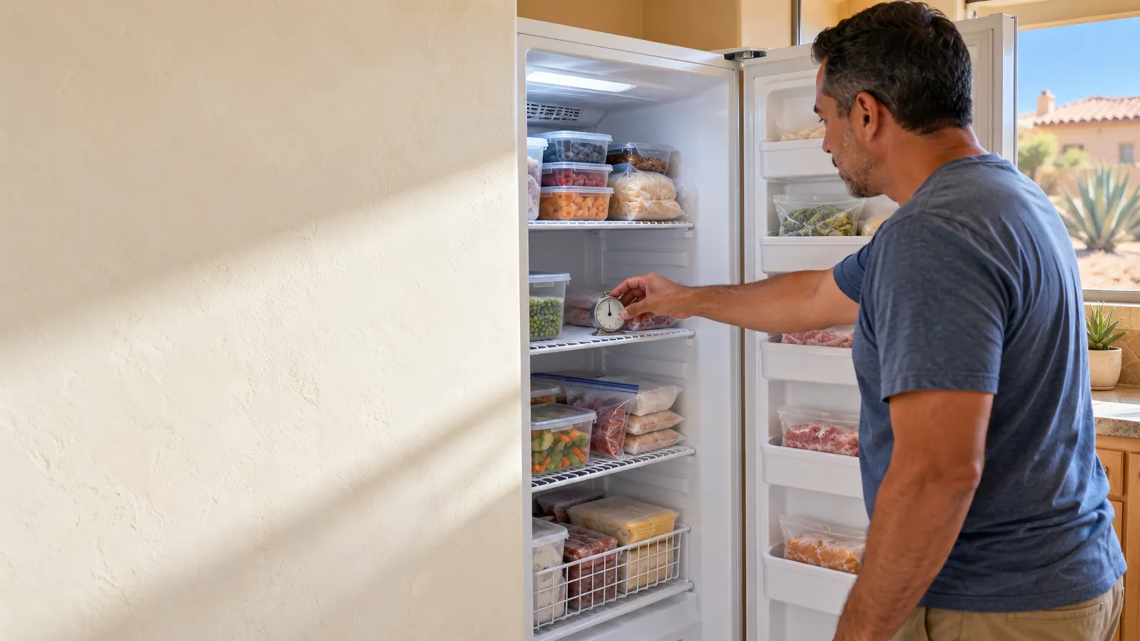 Homeowner checking a well-stocked upright freezer with a thermometer
