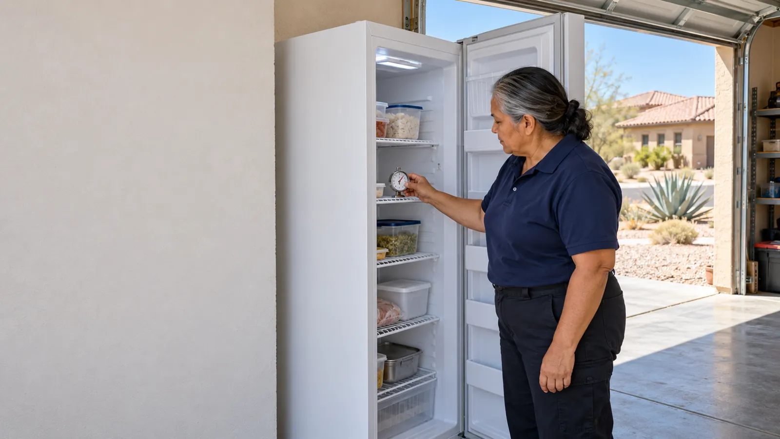Technician checking the temperature inside an upright freezer in an Arizona garage