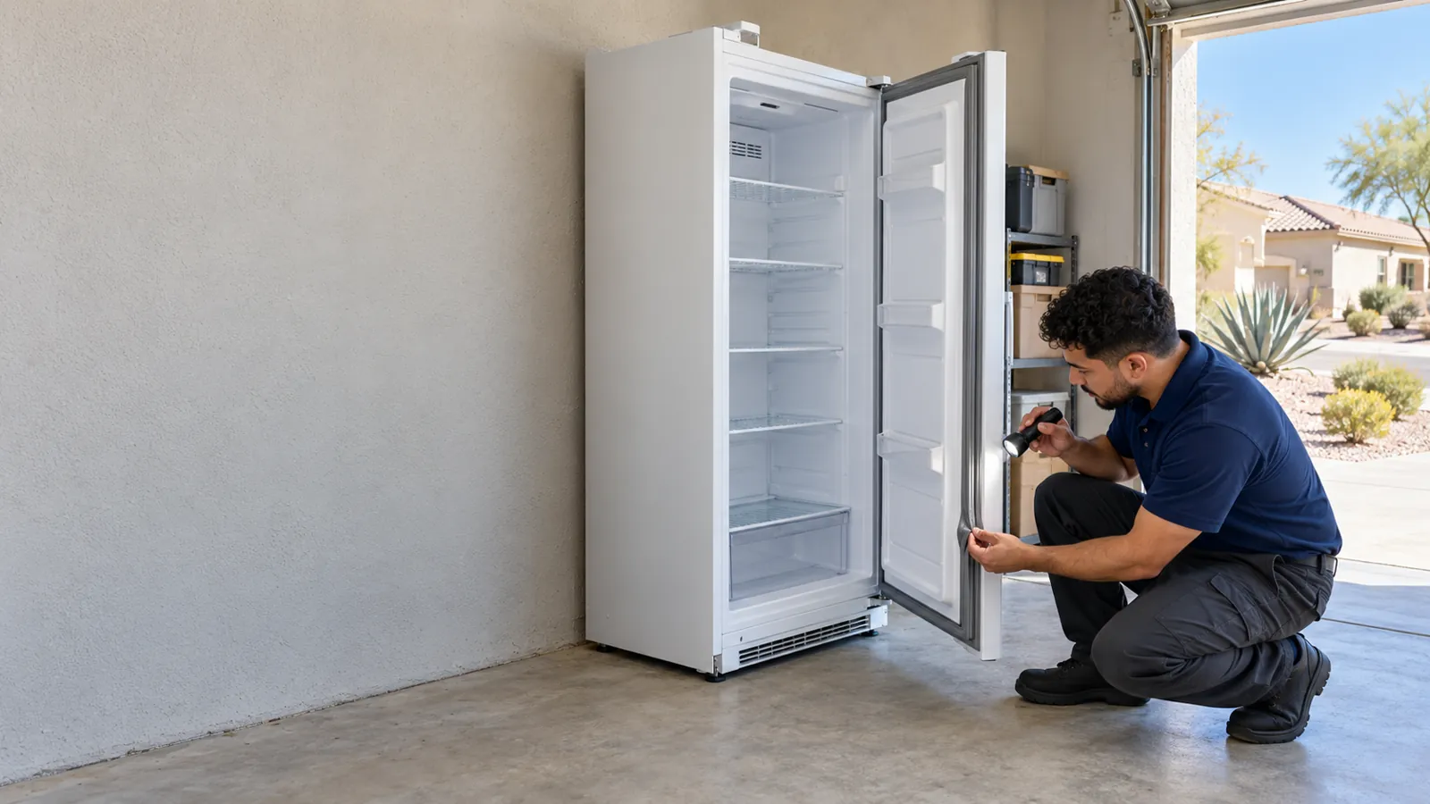 Frigidaire appliance repair: technician checking the door seal of an upright freezer in a garage