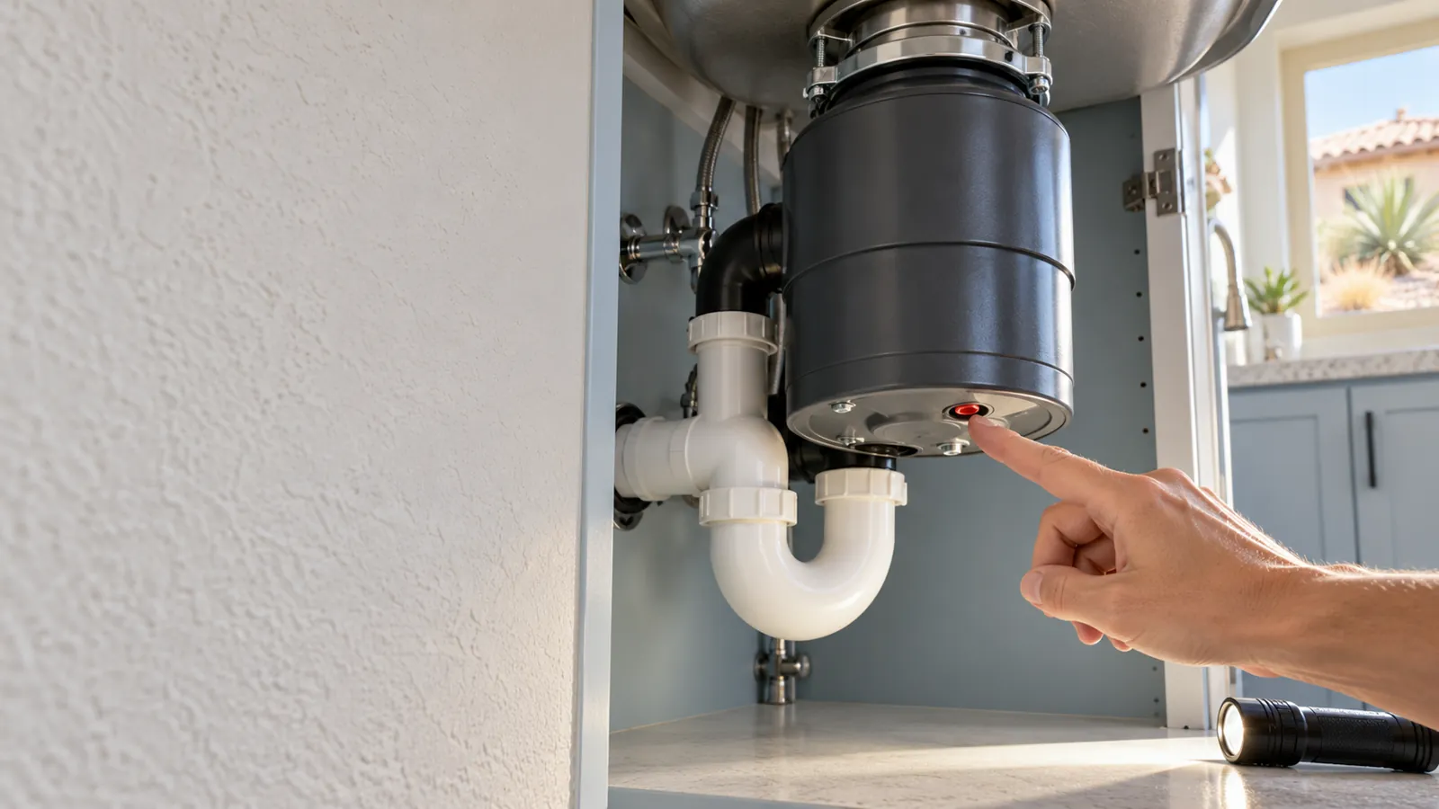 Finger pressing the red reset button on the bottom of a garbage disposal