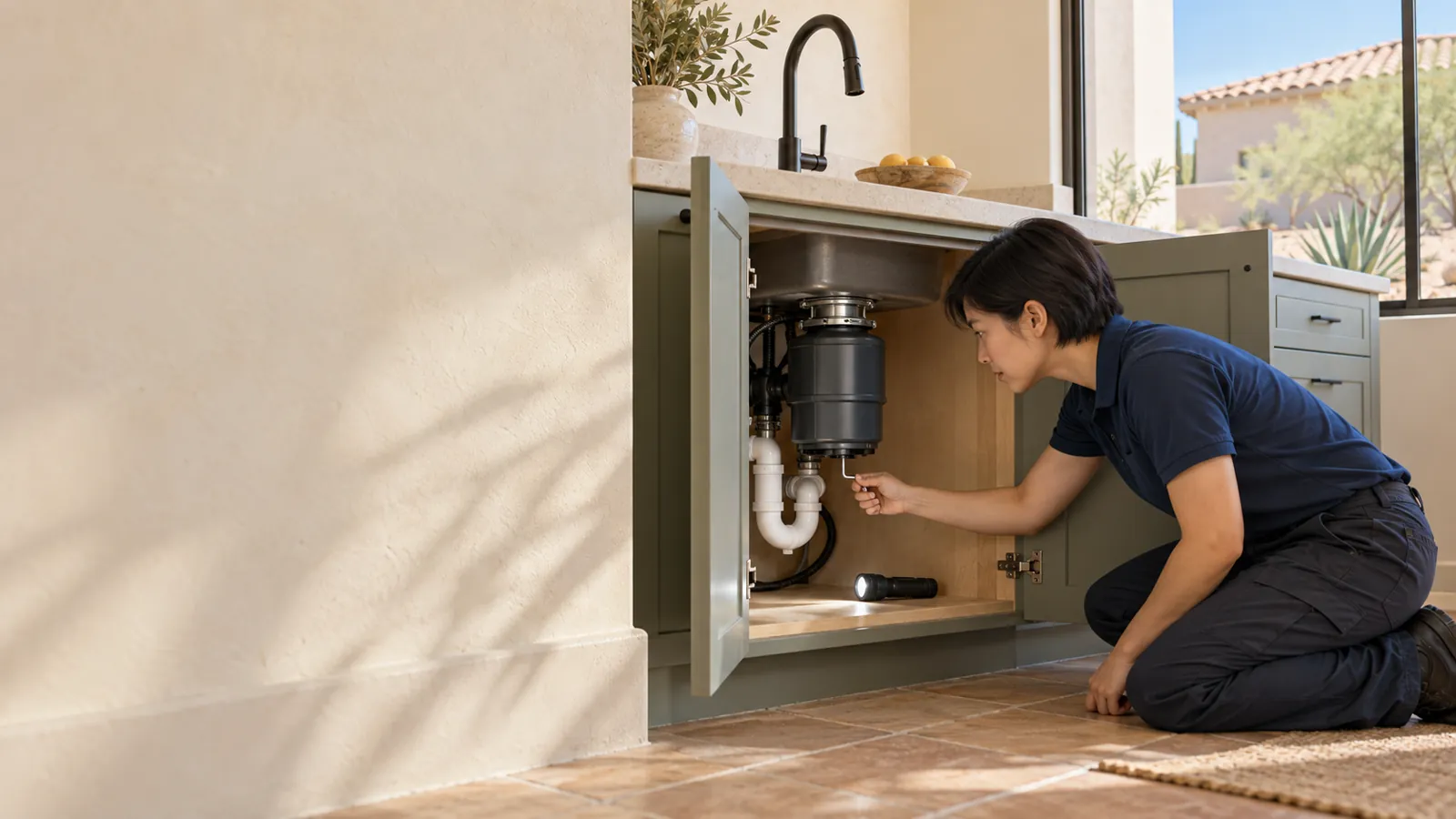 Technician under a kitchen sink working on a garbage disposal