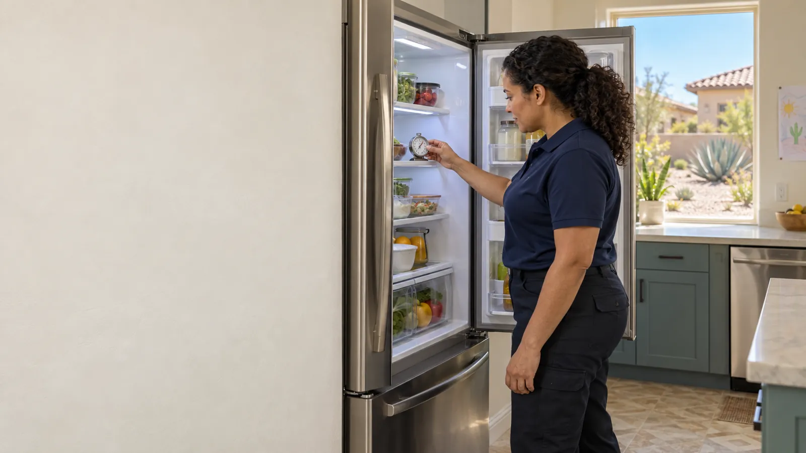 GE appliance repair: technician checking the temperature inside a stainless refrigerator
