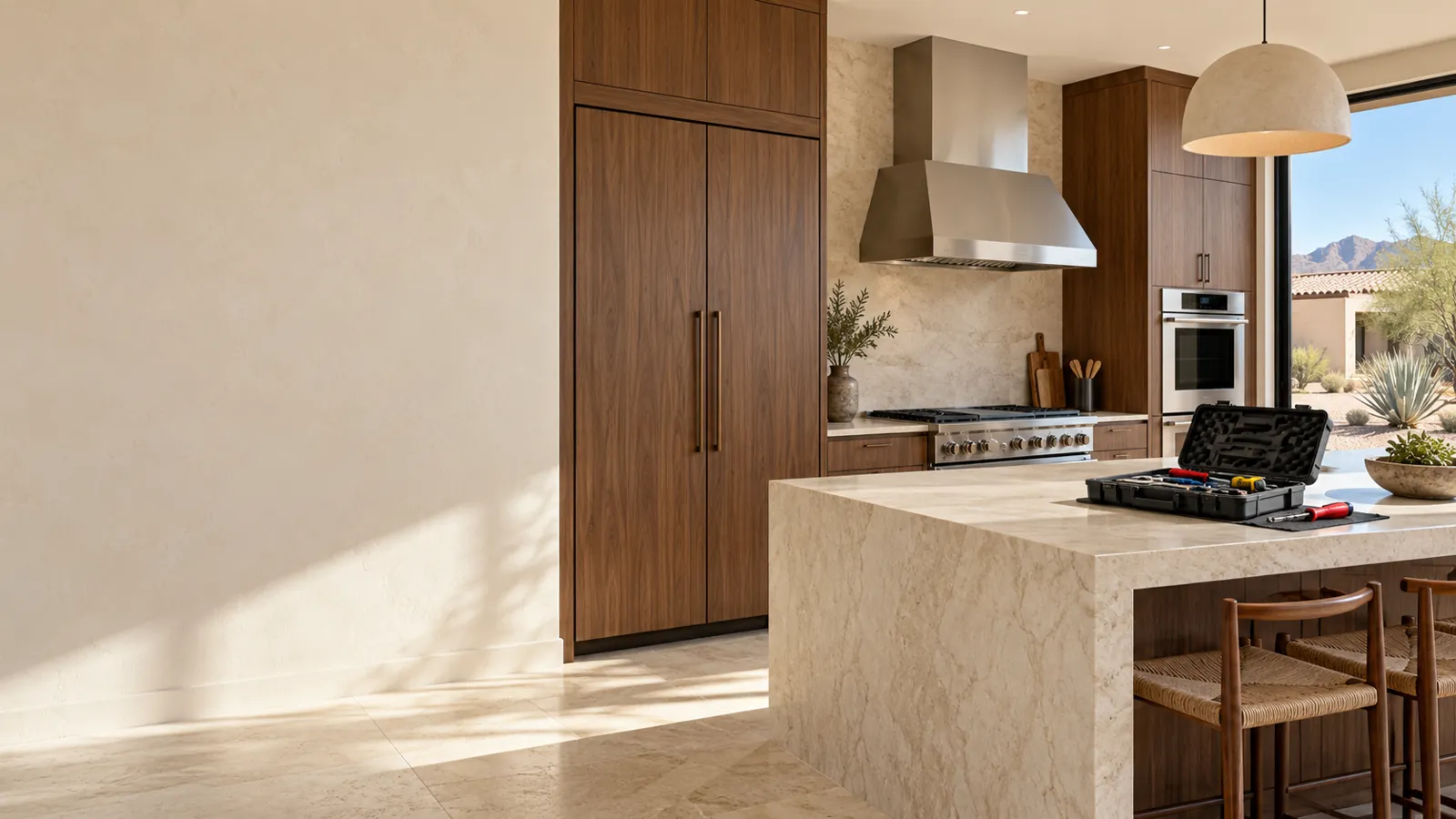 High-end built-in kitchen with a paneled refrigerator and pro-style range, and a technician's tool case on the island