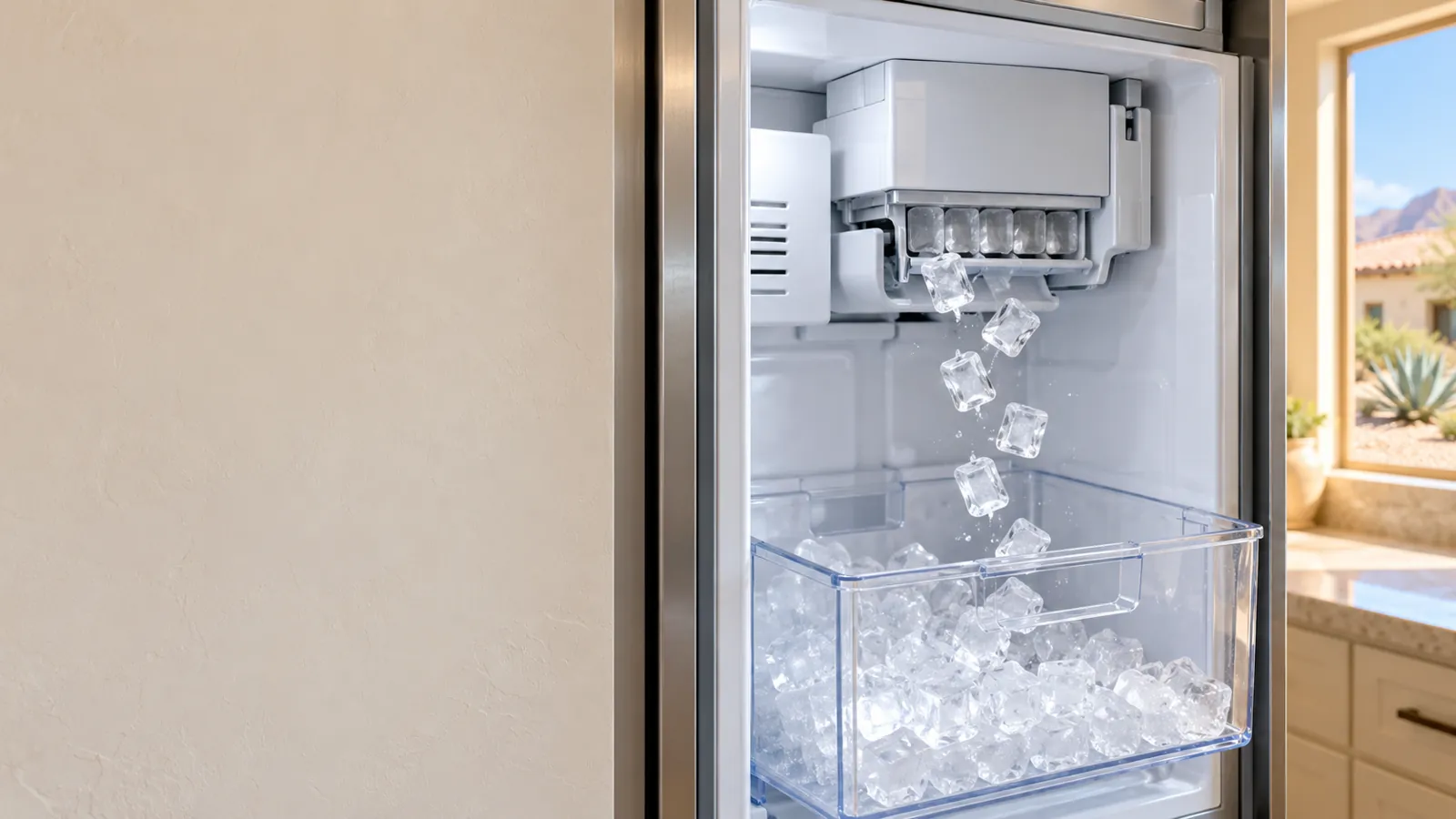 Ice cubes dropping into the ice bin of a refrigerator ice maker