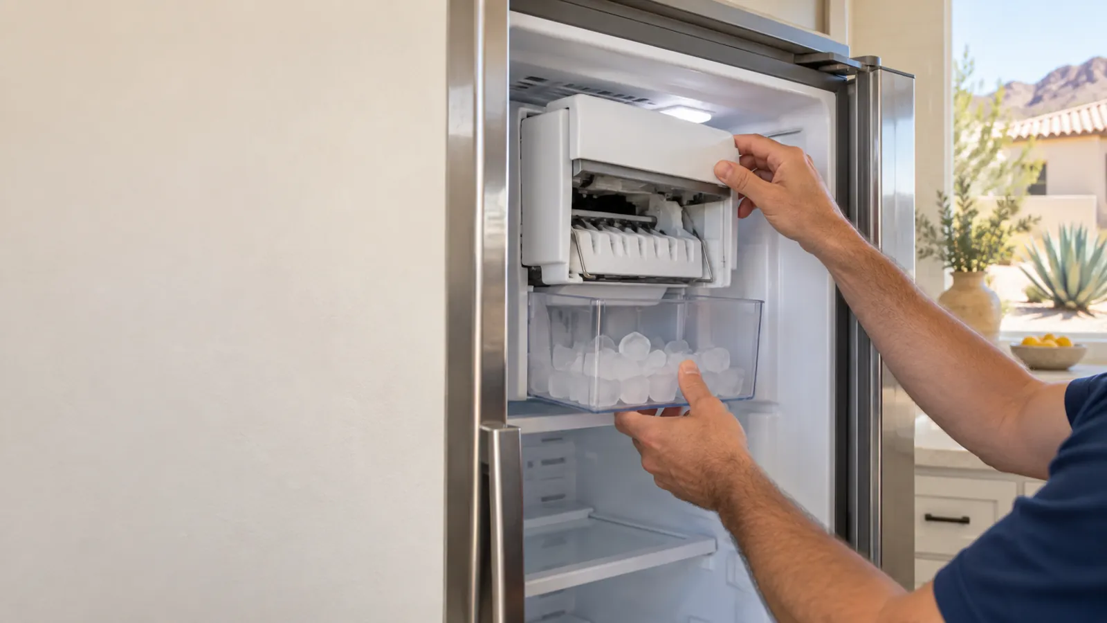 Technician's hands at the ice maker inside a refrigerator freezer
