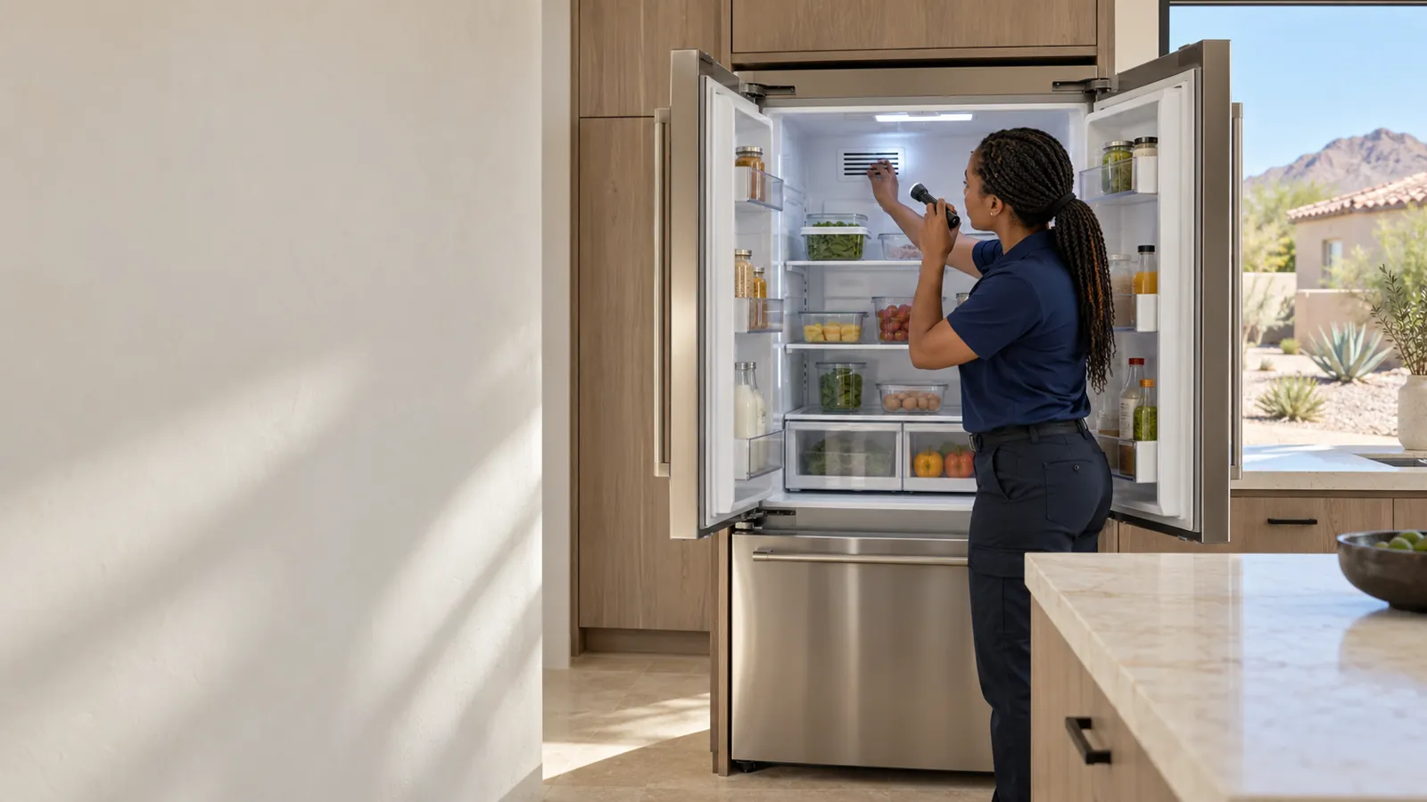 Jenn-Air appliance repair: technician checking the air vent inside a built-in French-door refrigerator