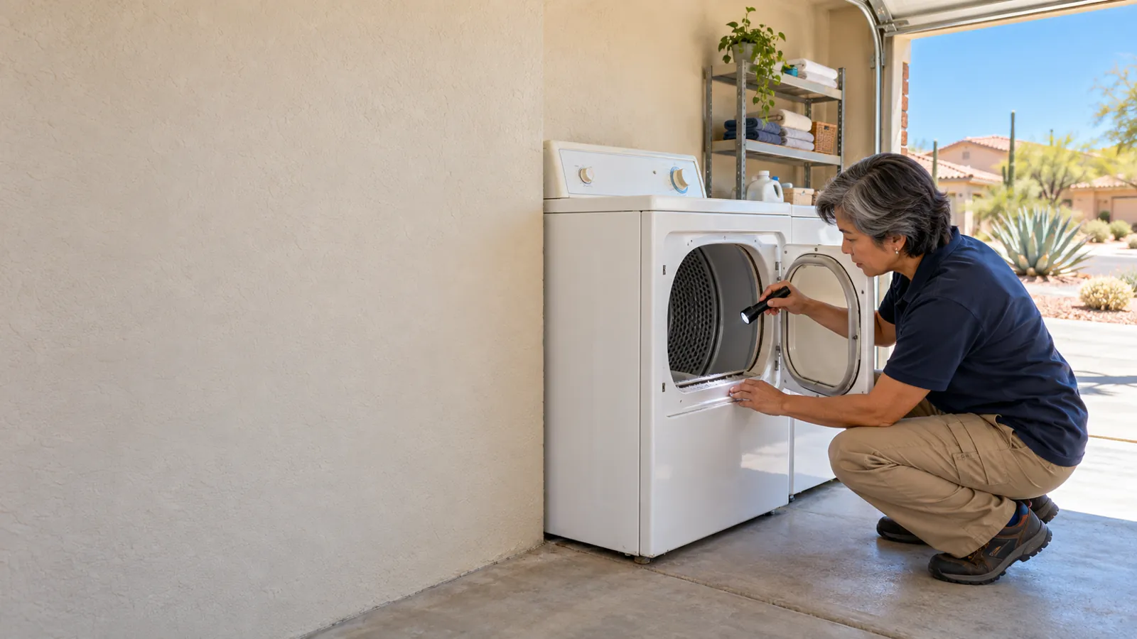 Kenmore appliance repair: technician inspecting a dryer drum with a flashlight in an Arizona garage