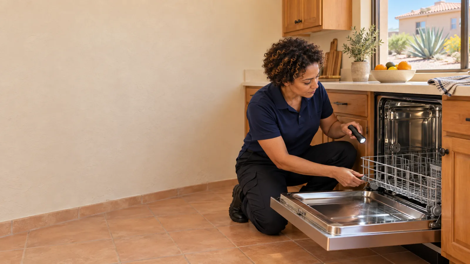 KitchenAid appliance repair: technician checking inside a built-in dishwasher with a flashlight
