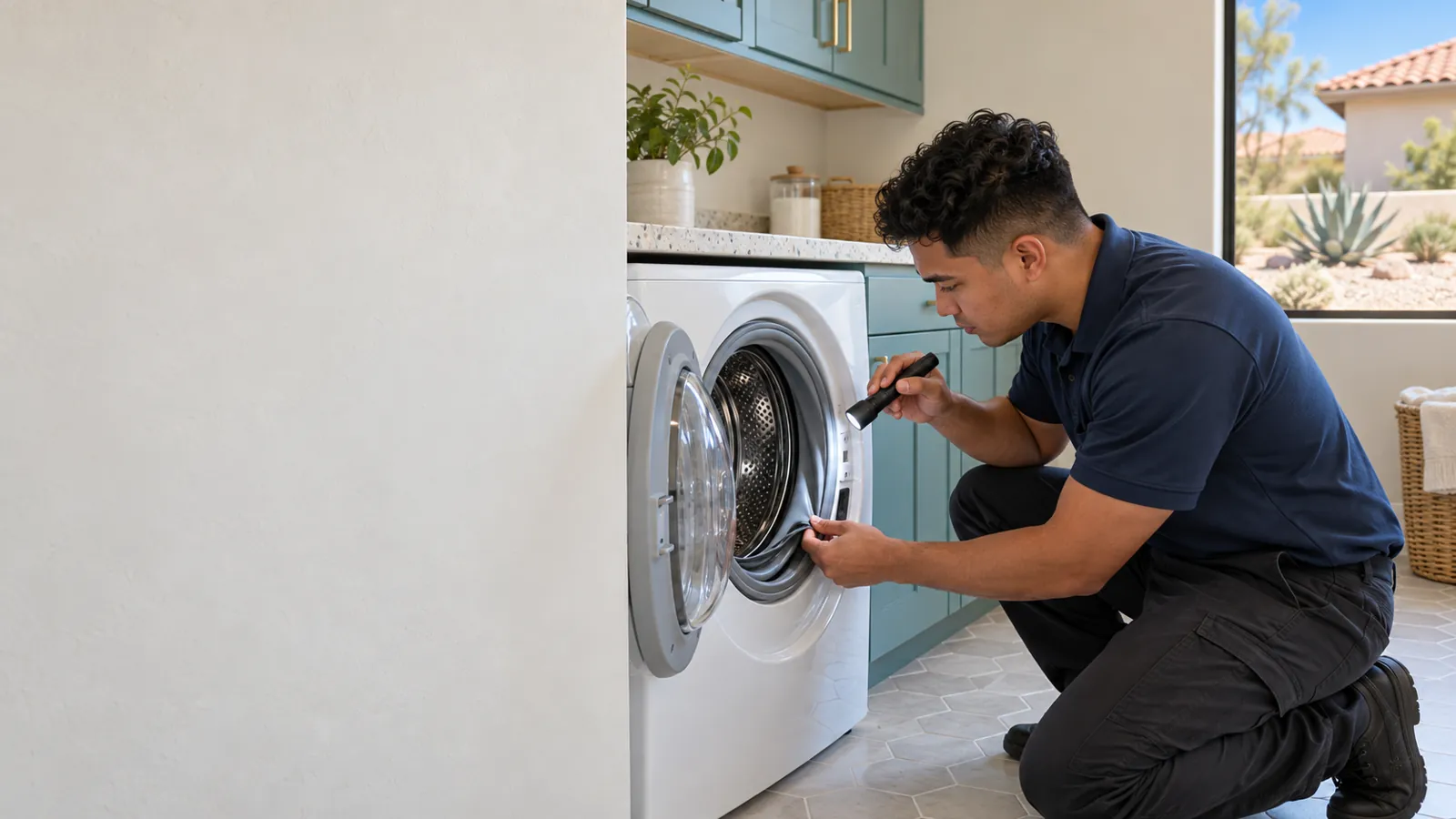 LG appliance repair: technician checking the door seal of a front-load washer with a flashlight