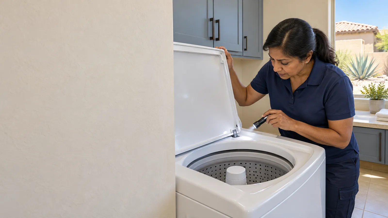 Maytag appliance repair: technician checking the lid lock of a top-load washer