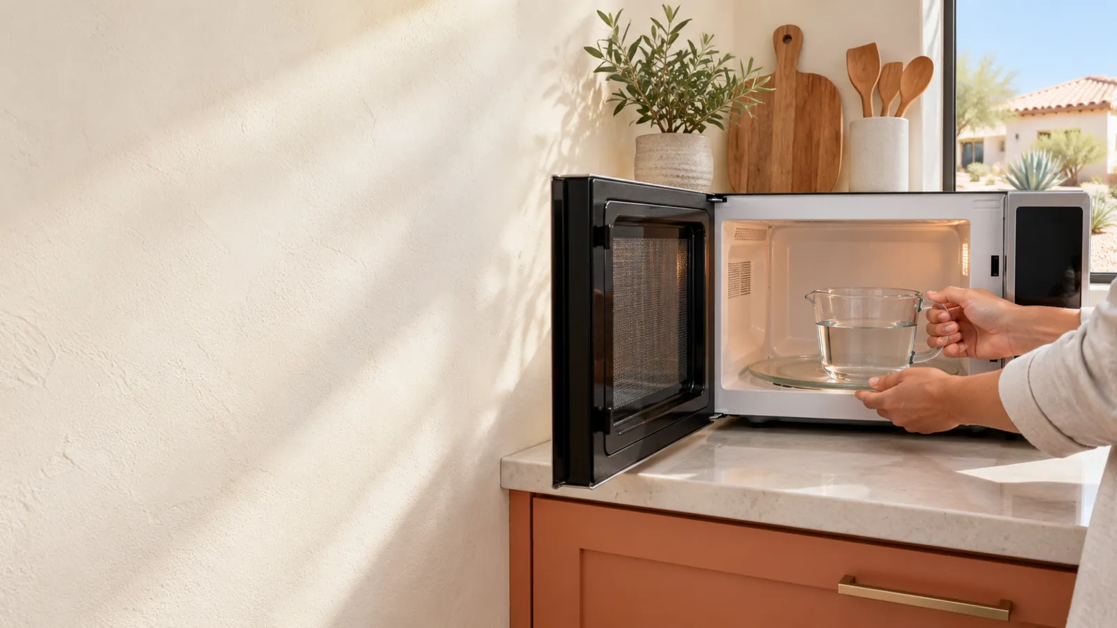 Cup of water set inside a microwave for a one-minute heating test