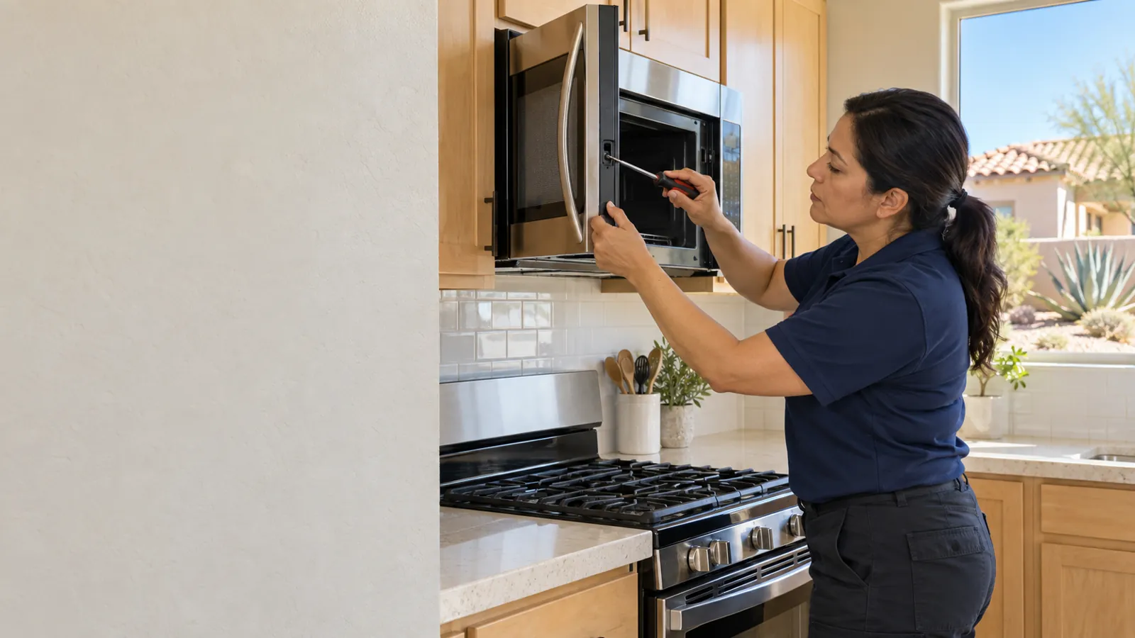 Technician checking the door latch of an over-the-range microwave