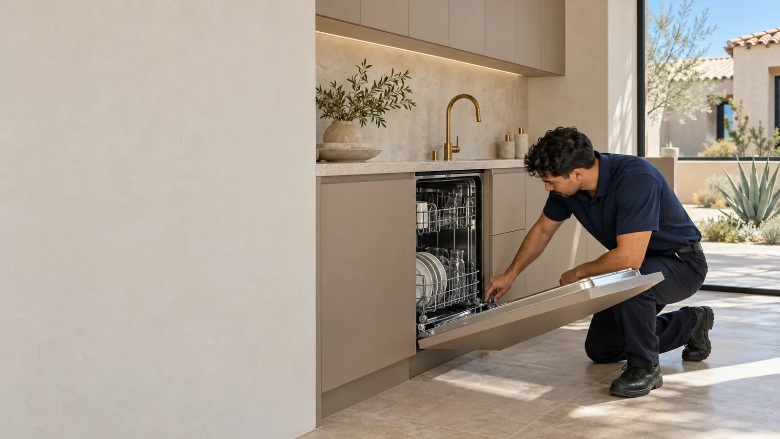 Miele appliance repair: technician kneeling at an integrated dishwasher in a modern kitchen