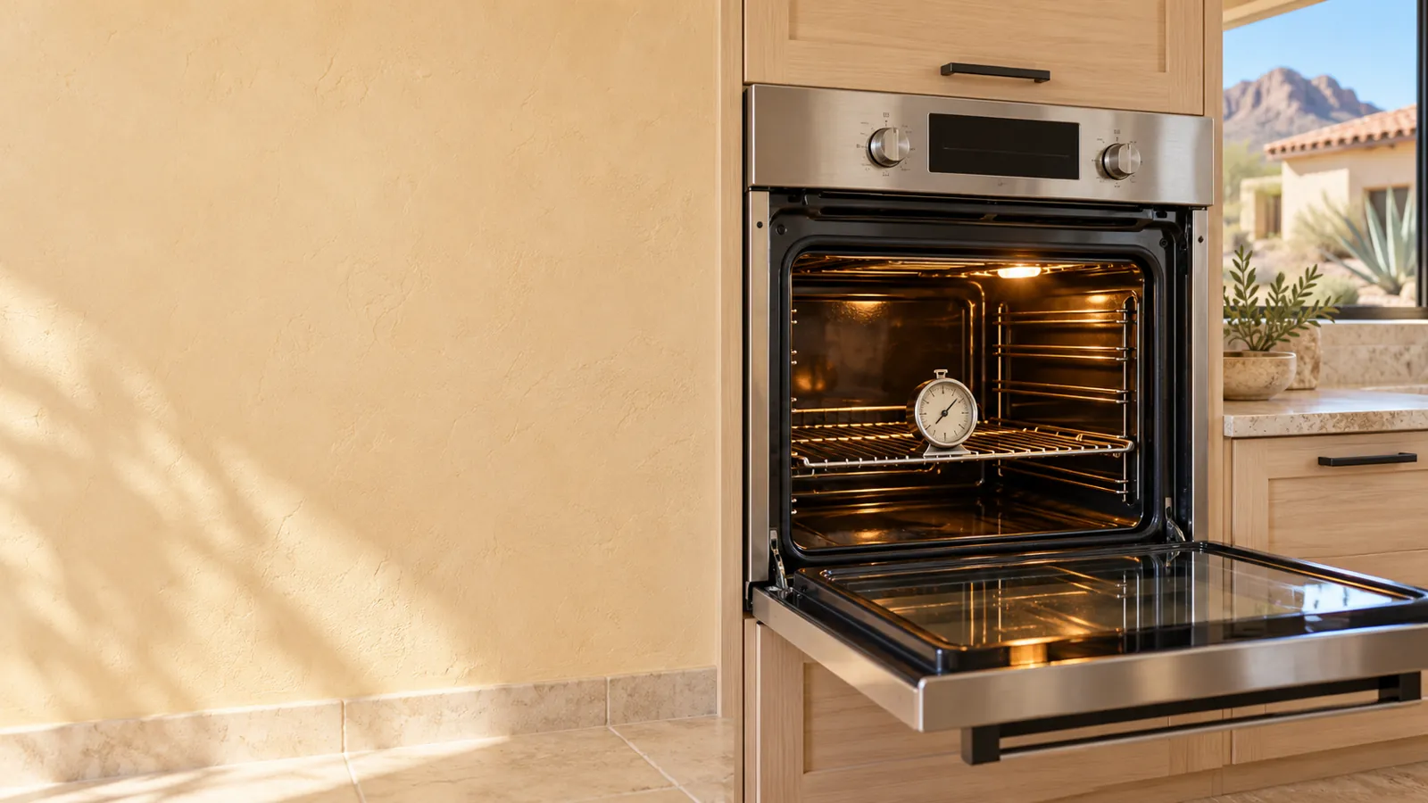 Oven thermometer on the middle rack of an open oven