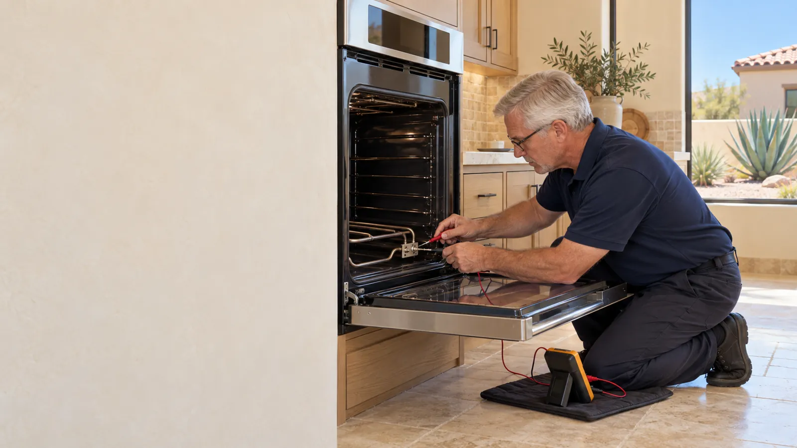 Technician testing the bake element of a wall oven with a multimeter