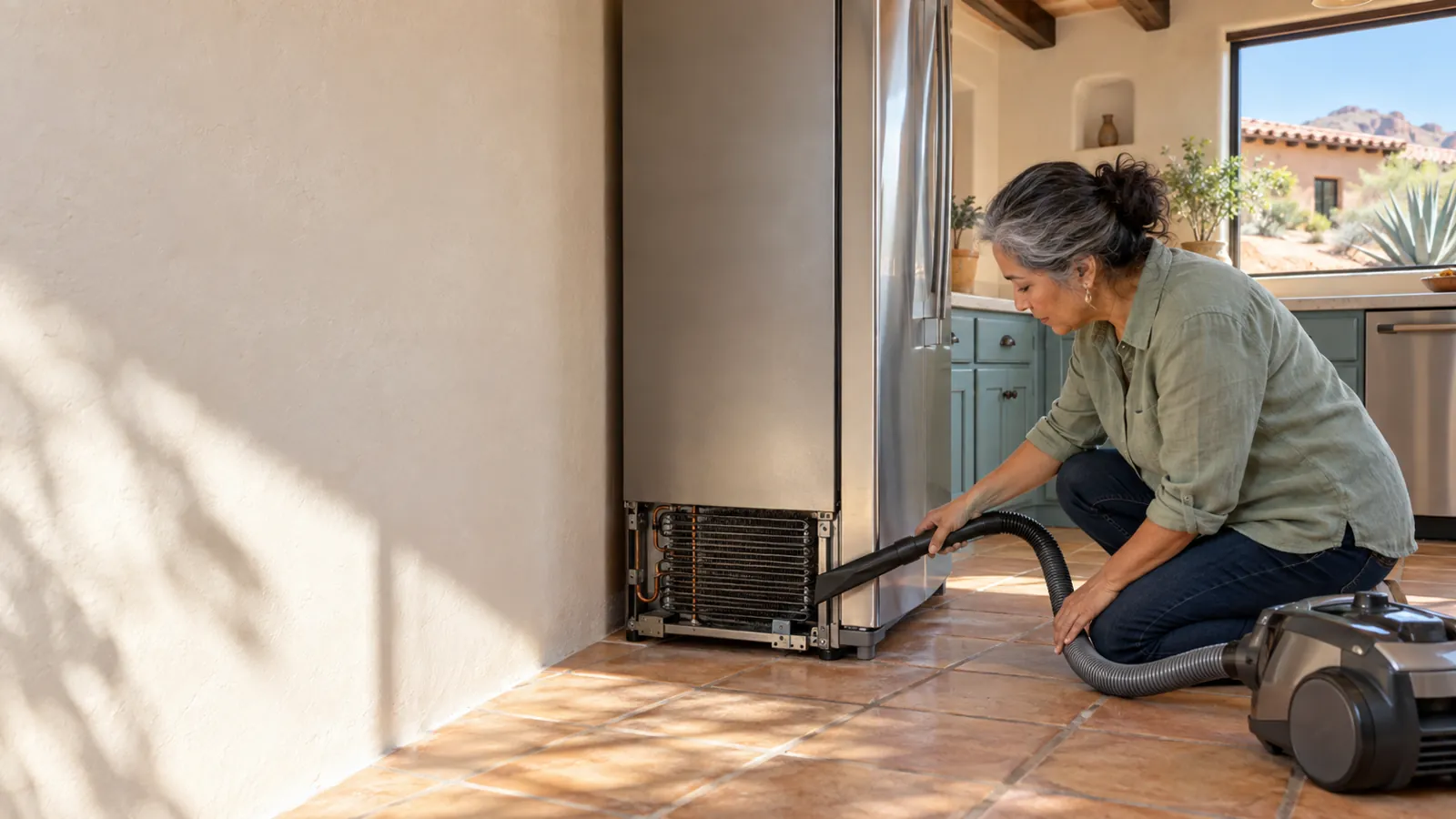 Homeowner vacuuming the condenser coils at the bottom of a refrigerator