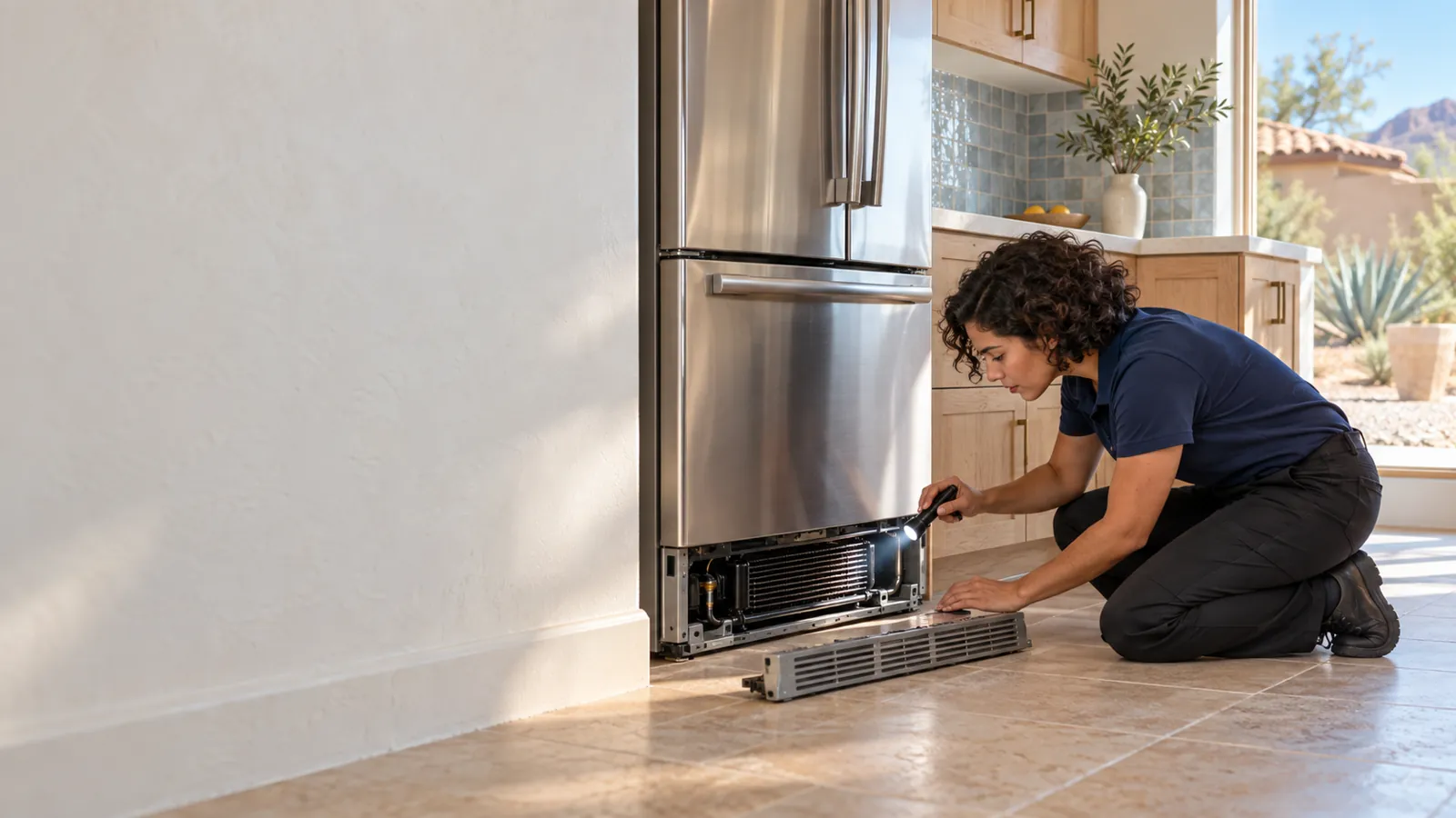 Technician kneeling at a stainless refrigerator with the lower grille off, checking the condenser coils
