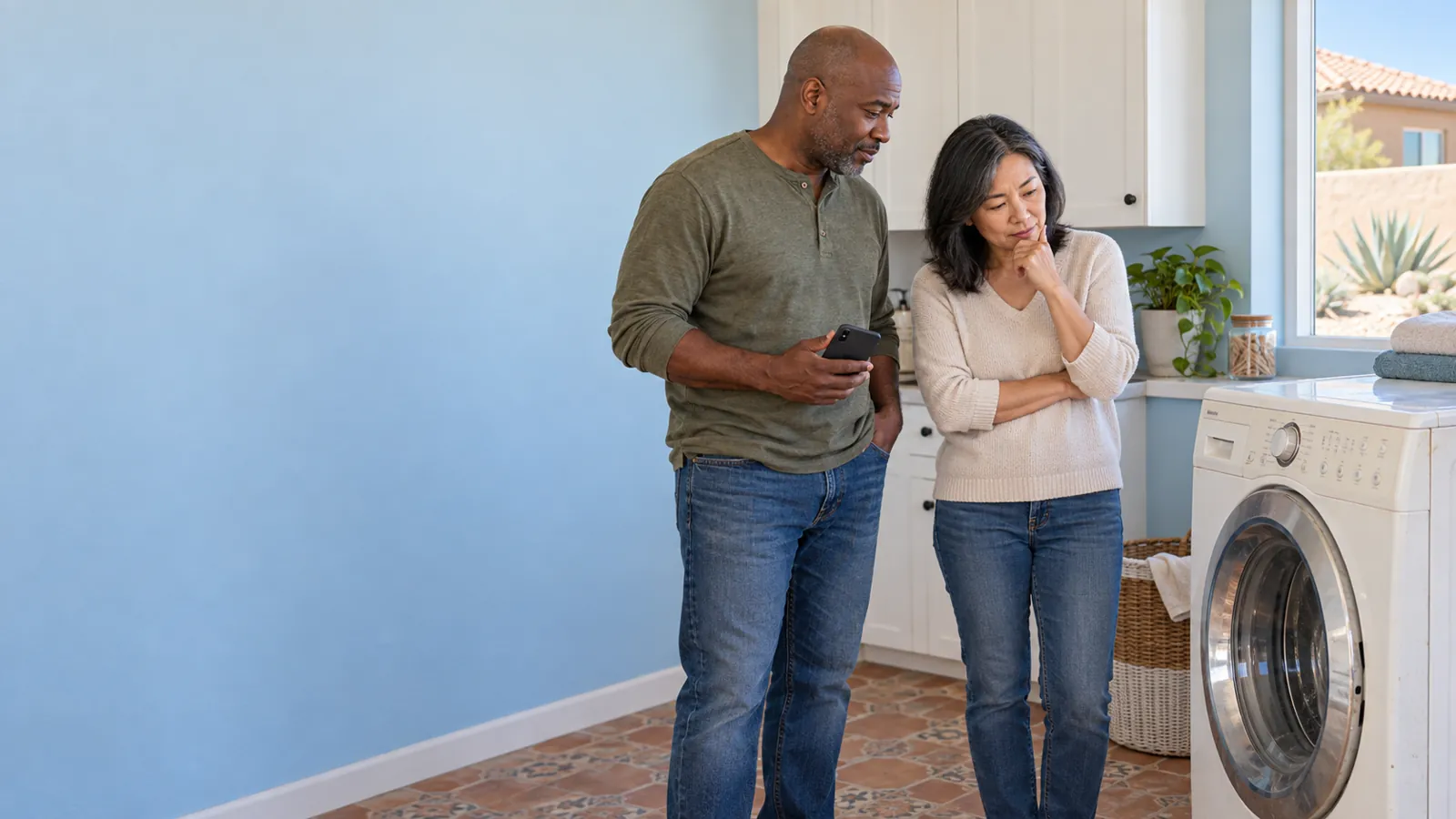 Couple in their laundry room deciding whether to repair or replace their washing machine