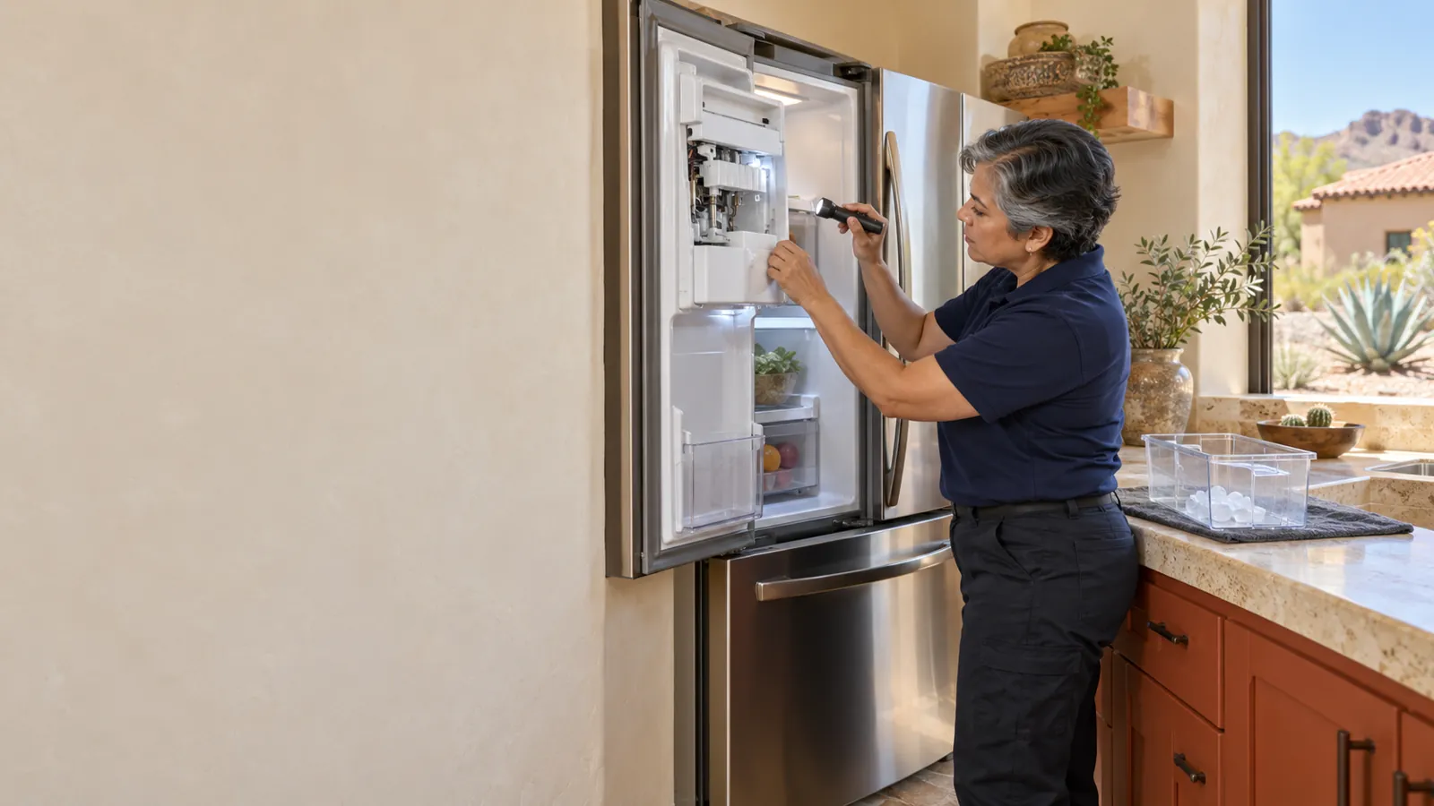 Samsung appliance repair: technician checking the door ice maker of a French-door refrigerator