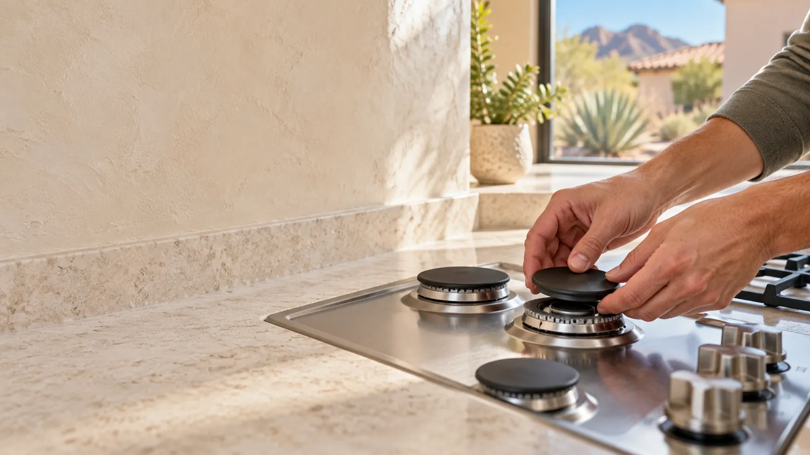 Homeowner lining up a burner cap on a gas cooktop