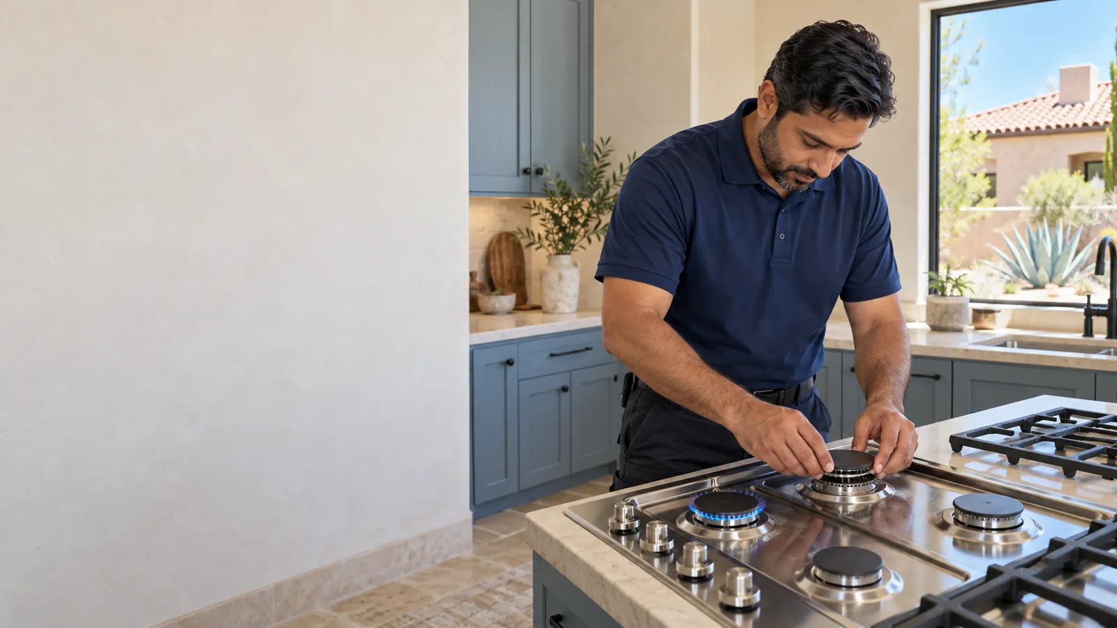 Technician working on a burner of a gas cooktop