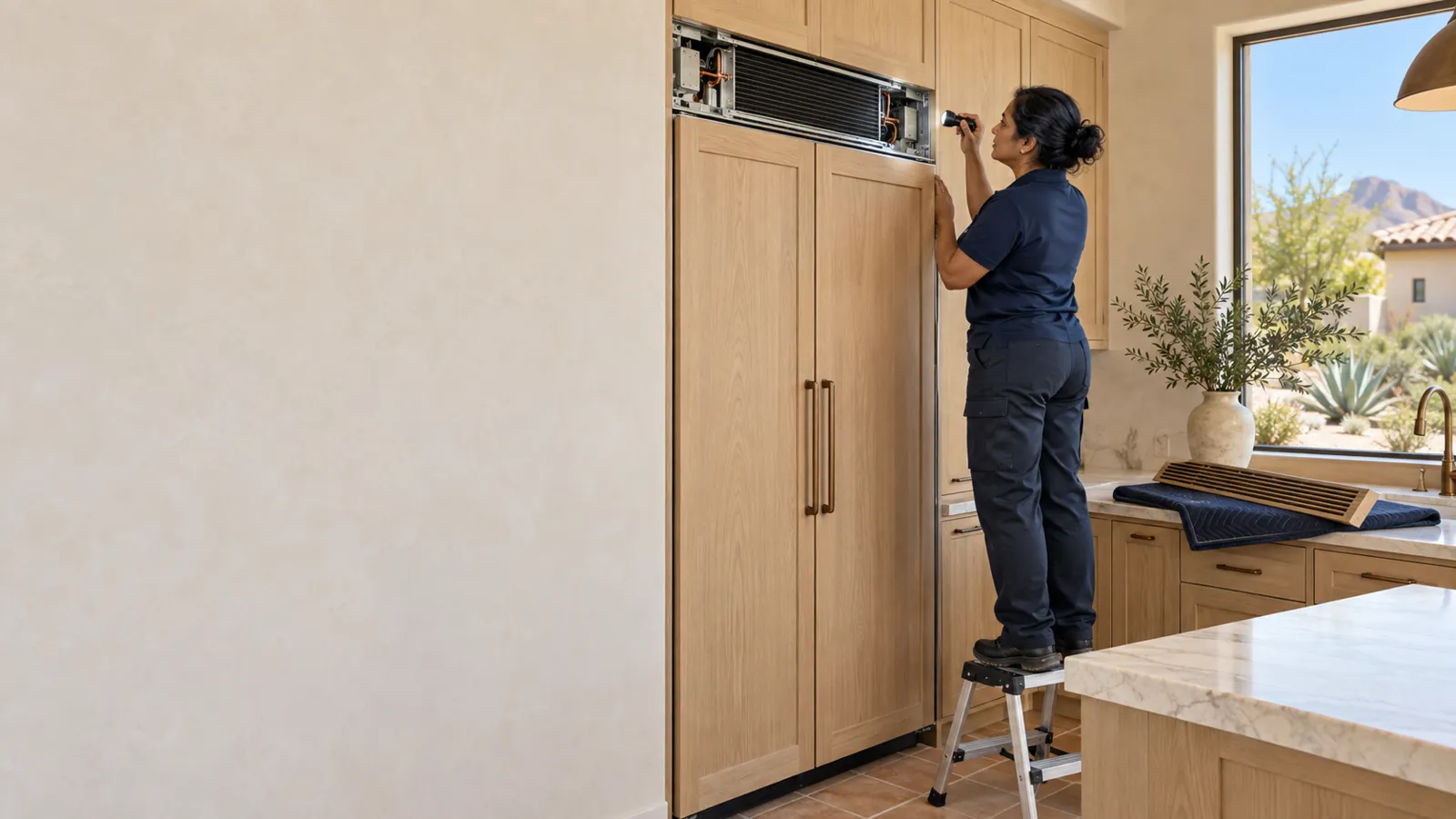 Sub-Zero repair: technician on a step stool checking the top grille of a built-in, wood-paneled refrigerator
