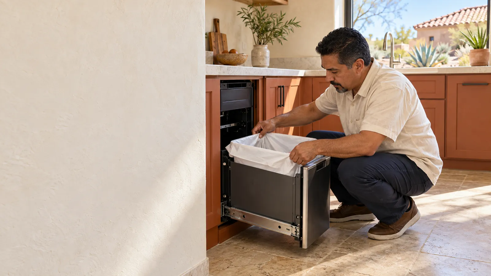 Homeowner fitting a bag into an under-counter trash compactor