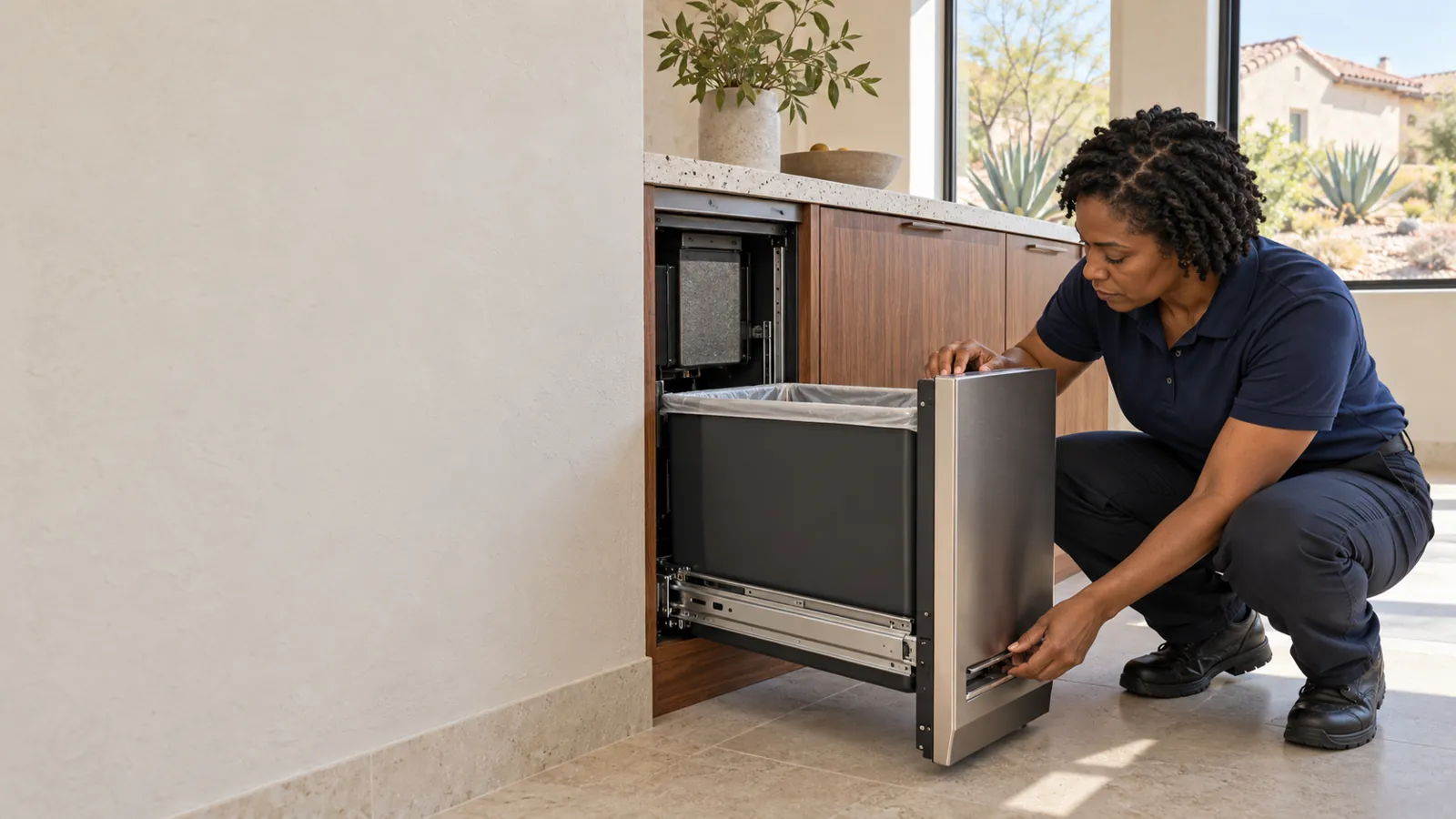Technician inspecting the drawer of an under-counter trash compactor