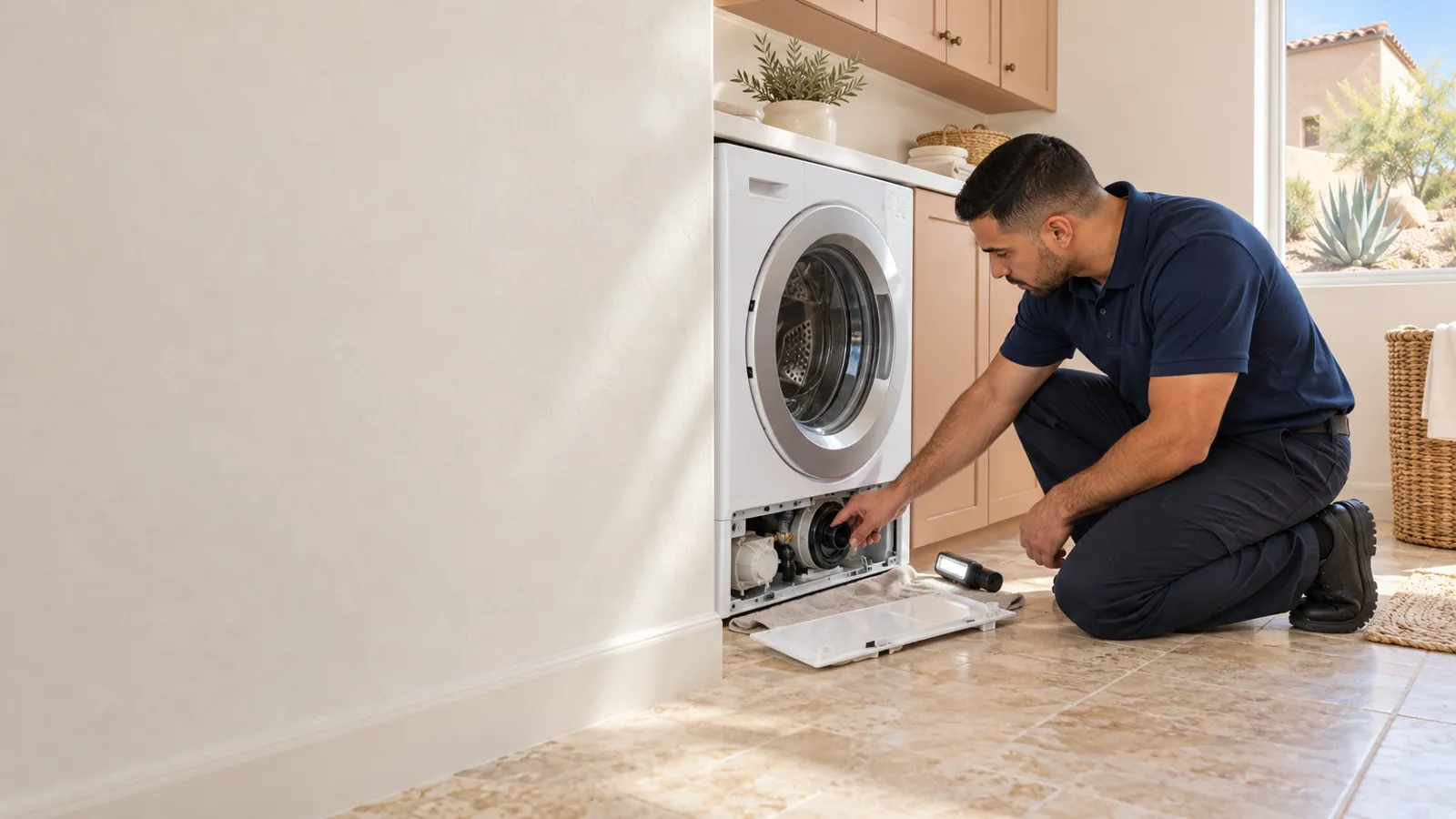 Technician checking the drain pump behind the lower panel of a front-load washer