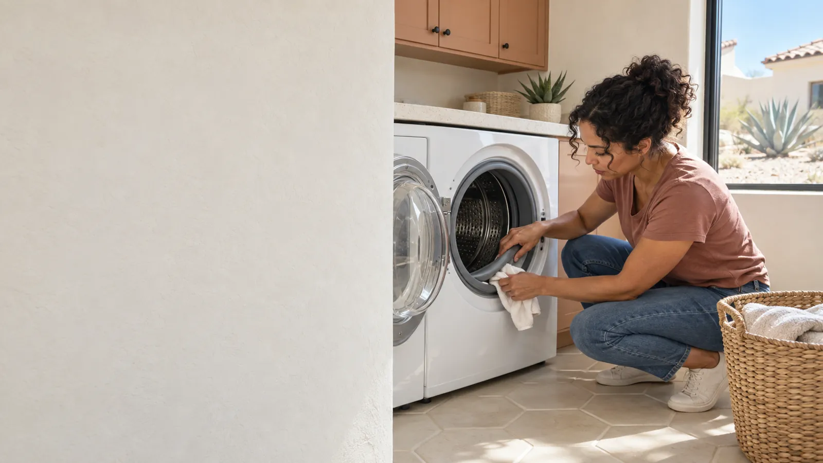 Homeowner wiping the rubber door seal of a front-load washer