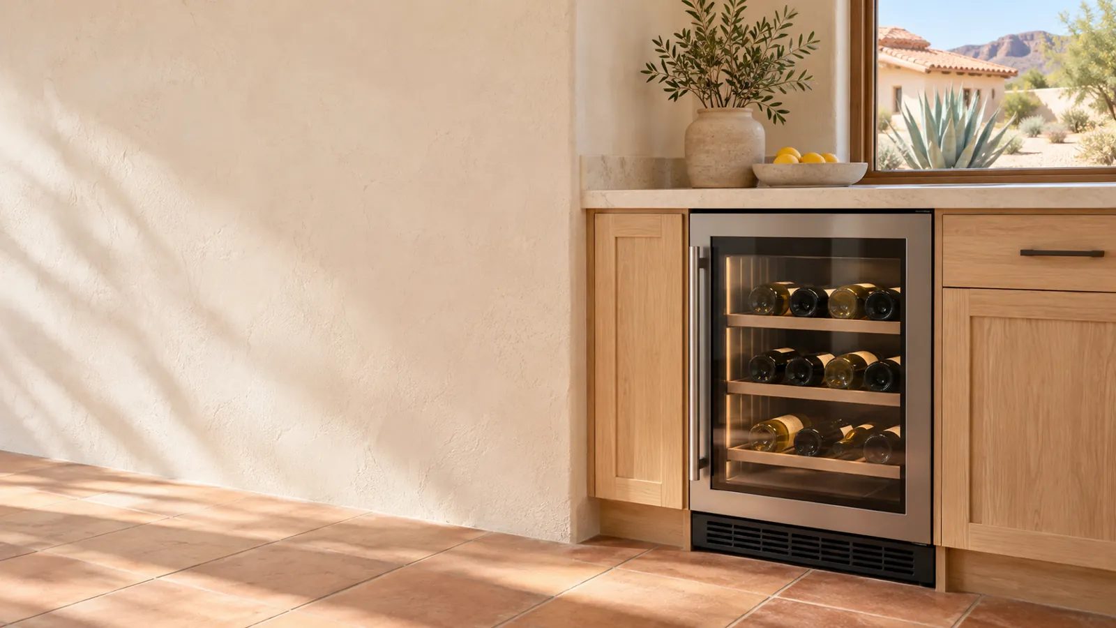Under-counter wine cooler with a clear front vent and bottles racked inside