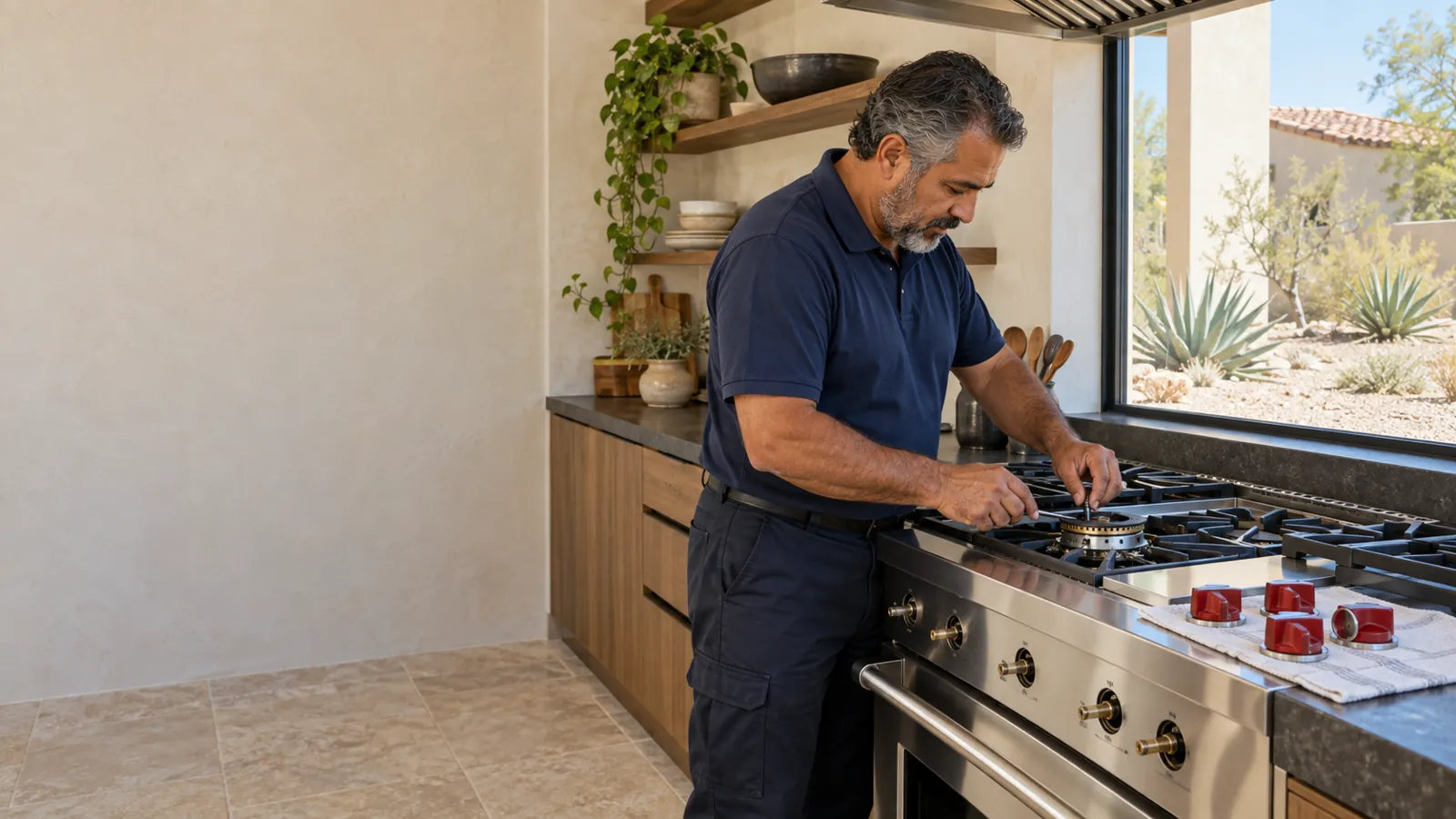 Wolf appliance repair: technician working on a burner of a pro-style range, knobs set aside
